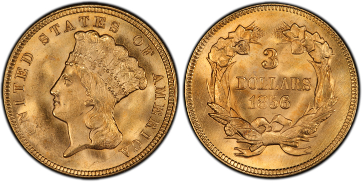 1856 Three-Dollar Gold Piece. MS-66 (PCGS).